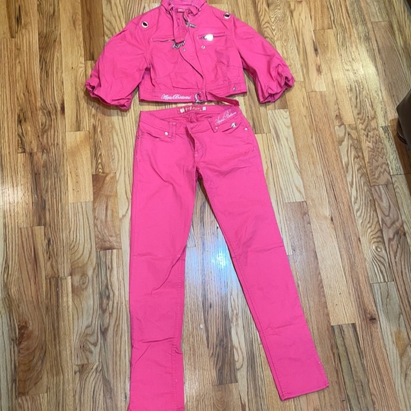Apple Bottom Pink crop denim Jacket with logo skinny Jeans  Stretch L, 7… - Picture 1 of 17